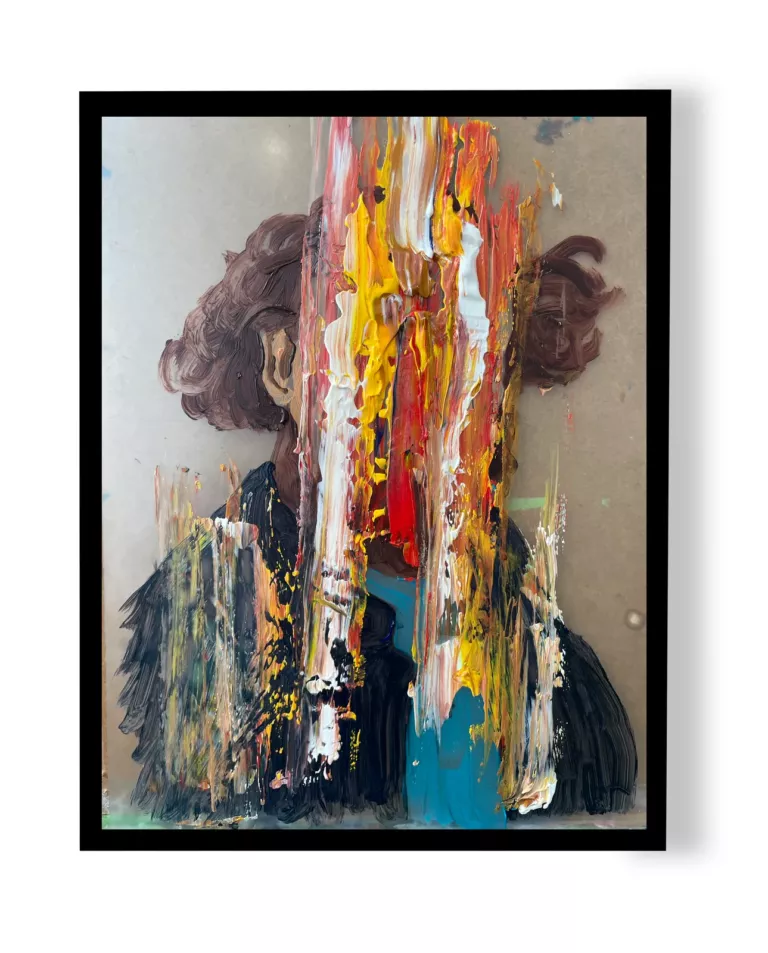 Eric Guilbert 2 : silhouette d'un homme aux cheveux bouclés, le visage masqué par des coulures verticales jaunes, rouges et blanches, dans un cadre noir