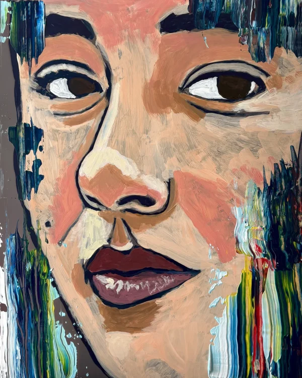 Sans titre 2, série États intérieurs : gros plan sur un visage de femme aux tons rosés, lèvres sombres, traits de bleu et de blanc sur le bord