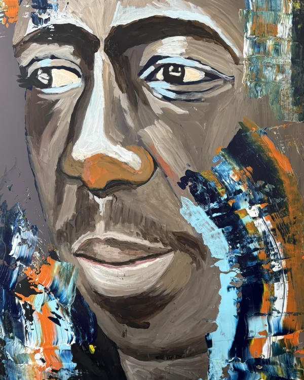 Sans titre 3, série États intérieurs : visage d'homme en gris et brun, regard bleu clair, éclats de bleu, d'orange et de blanc