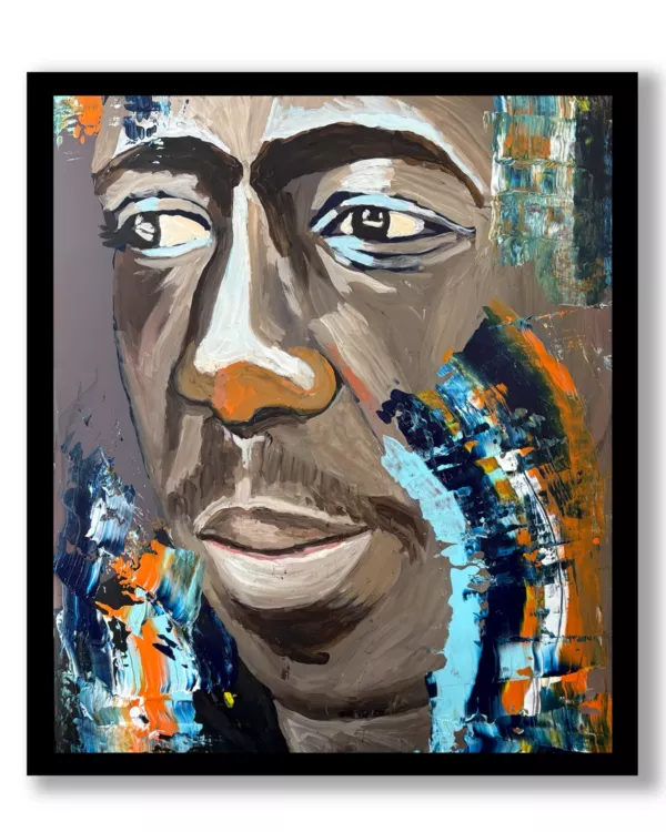 Sans titre 3, série États intérieurs : visage d'homme en gris et brun, regard bleu clair, éclats de bleu, d'orange et de blanc, dans un cadre noir