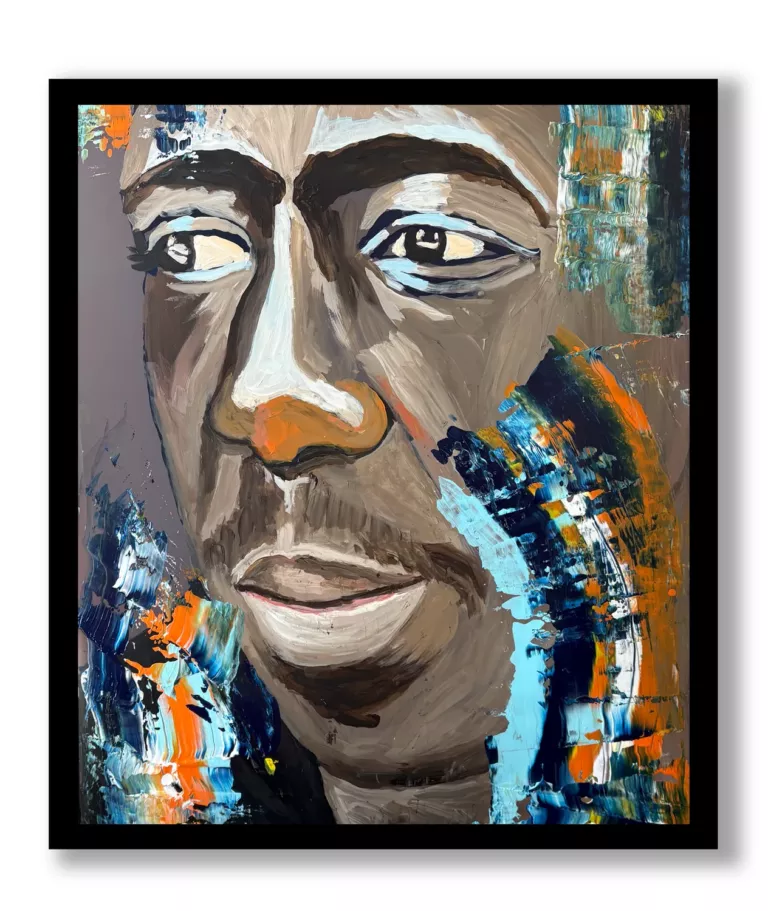 Sans titre 3, série États intérieurs : visage d'homme en gris et brun, regard bleu clair, éclats de bleu, d'orange et de blanc, dans un cadre noir