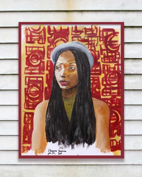 Portrait d'Arlet : jeune femme aux longues tresses et au béret gris, sur un fond de motifs rouges et ocre, dans un cadre rouge