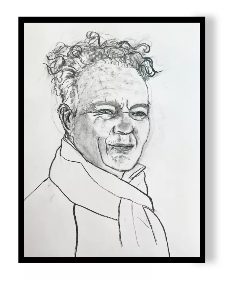Portrait de Bruce n°1 au fusain : homme aux cheveux bouclés en bataille, col relevé, dans un cadre noir