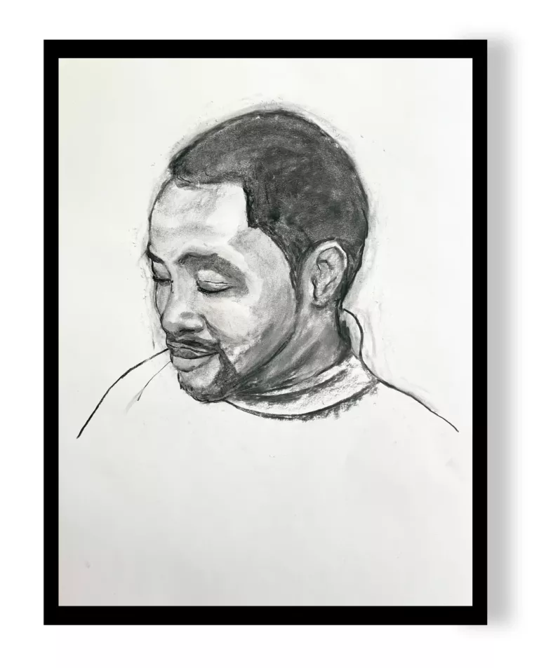Portrait de Christopher n°1 au fusain : homme aux yeux baissés, barbe courte, dans un cadre noir