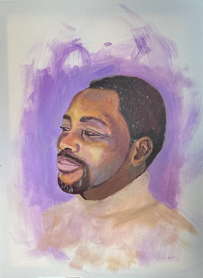 Portrait de Christopher n°2 : homme de trois quarts, barbe courte, sur fond violet