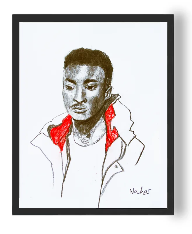Portrait de Nahar : jeune homme au fusain, veste au col rouge, dans un cadre noir