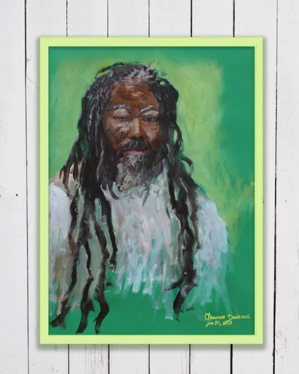 Portrait de Nat : homme aux longues dreadlocks grises, sur fond vert, dans un cadre vert clair